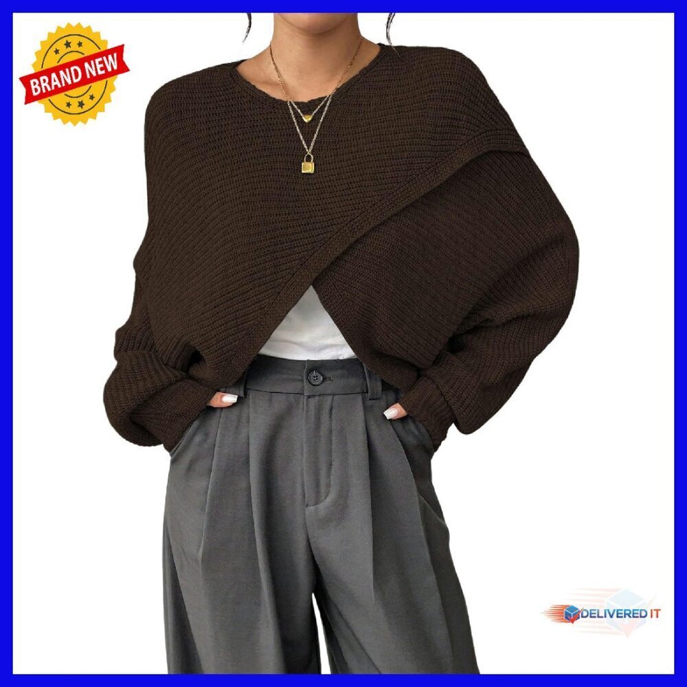 Lightweight Asymmetrical Wrap Sweater Cropped Puff Sleeve Pullover